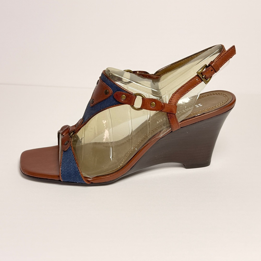 Naturalizer Carmina Brown Leather Blue Denim Wedge Sandals Womens 6M Boho Y2K